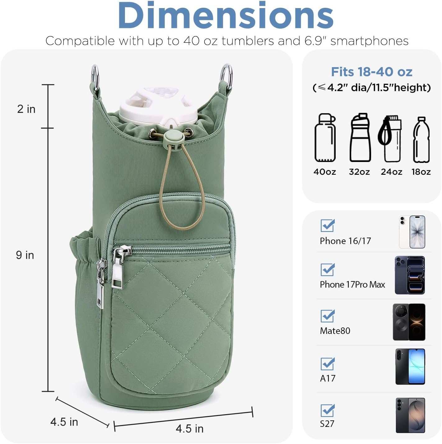 Crossbody Water Bottle Bag for Women, Lightweight Insulated Water Bottle Carrier with Phone Pocket, Secure &Hands-Free for Walking, Travel, Outdoor (Up to 40oz) Antique Green