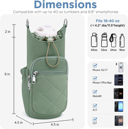 Crossbody Water Bottle Bag for Women, Lightweight Insulated Water Bottle Carrier with Phone Pocket, Secure &Hands-Free for Walking, Travel, Outdoor (Up to 40oz) Antique Green
