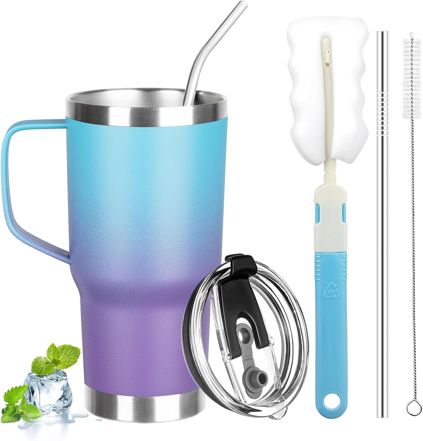 20 oz Tumbler with Handle, Stainless Steel Insulated Tumbler with Lid and Straw, Double Wall Vacuum Coffee Mug Tumbler, Insulated Coffee Thermal Cup for Cold and Hot (Light Purple)