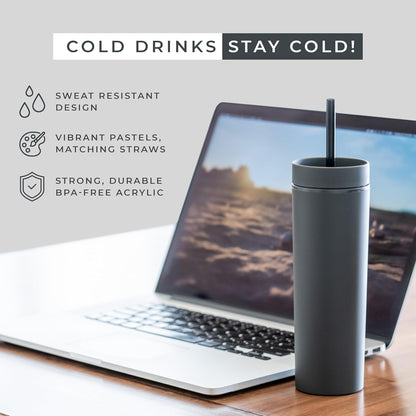 STRATA CUPS Perwinkle Skinny Tumblers with Lids and Straws (4 pack), 16oz Matte Pastel Colored Acrylic Tumblers with Lids and Straws, Double Wall Skinny Tumbler Bulk, Reusable Cup with Straw Cleaner