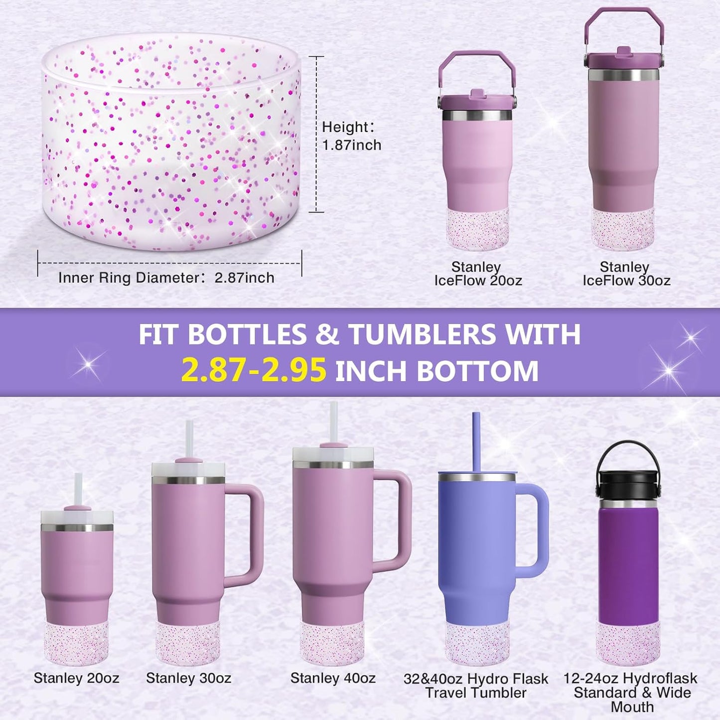 WUQID Protective Bling Silicone Boot Sleeve, Compatible with Stanley Tumbler 20-40oz & Hydro Flask Bottle 12oz-24oz, Glitter Reduces Dents Sleeve Cover for More Bottles/Tumblers Bottom of 2.83-2.95in