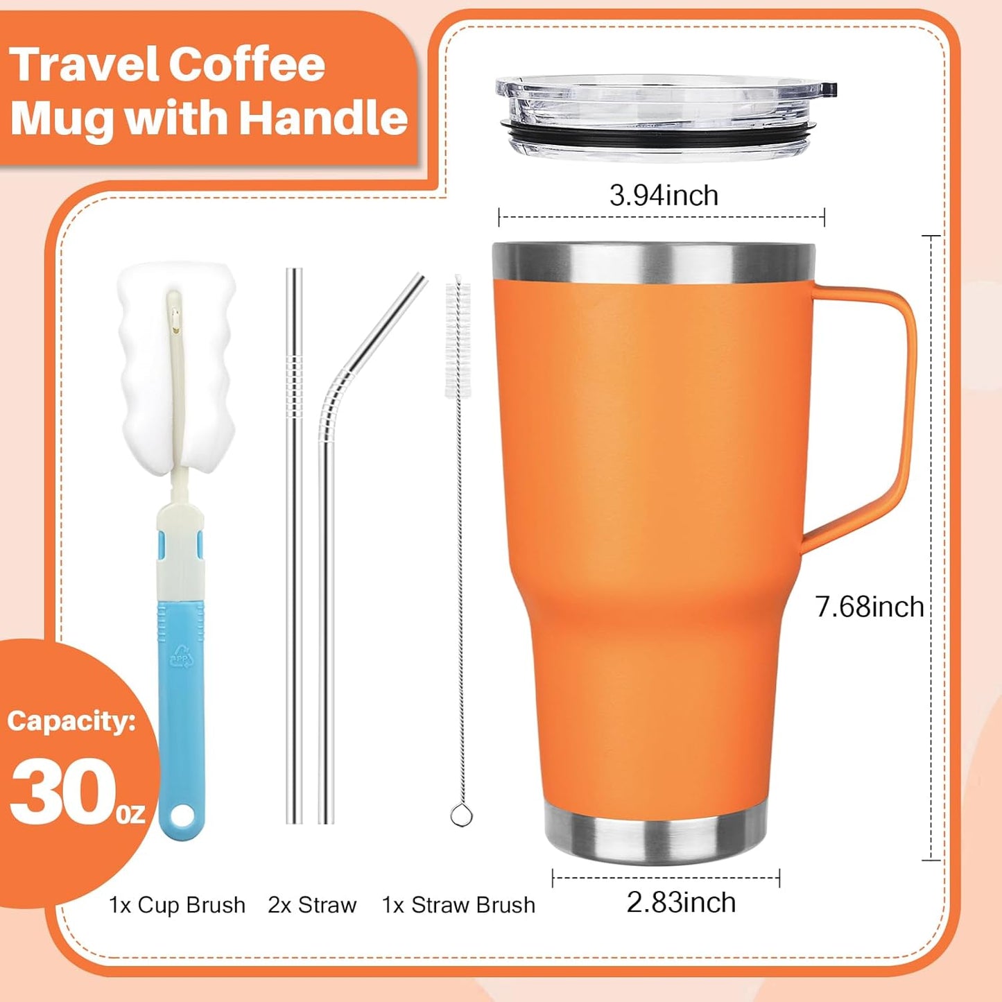40 oz Tumbler with Handle, Insulated Tumbler with Lid and Straw, Reusable Stainless Steel Vacuum Insulated Cup, 100% Leak Proof Thermal Travel Coffee Mug Cup for Cold and Hot (Light Purple)