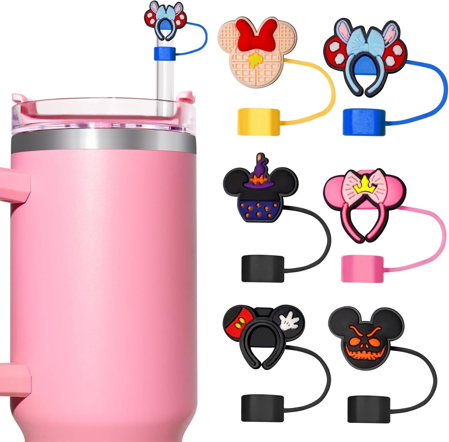 6PCS Pink Black Girl Straw Covers for Stanley Cup，Cute Silicone Straw Topper for 10mm Drinking Straw Tip Covers Stanley Cup Accessories