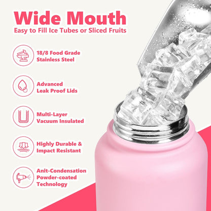 Insulated Water Bottle with Lid & Boot & Stickers, 24 oz Stainless Steel Sweat Free Bottle Keep Cold 24H, BPA-Free Sports Wide Mouth Water Bottle, BlueBlack