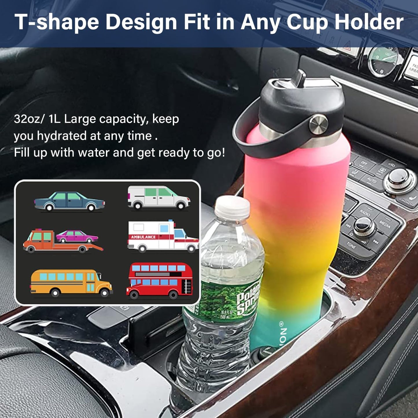 HYDROWION 32oz Stainless Steel Water Bottle(Cold for 48 Hrs, Hot for 24 Hrs),Double Wall Vacuum Insulated Water Bottle with Straw Lid, Spout Lid and Flex Cap, Fit in Any Car Cup Holder,Black