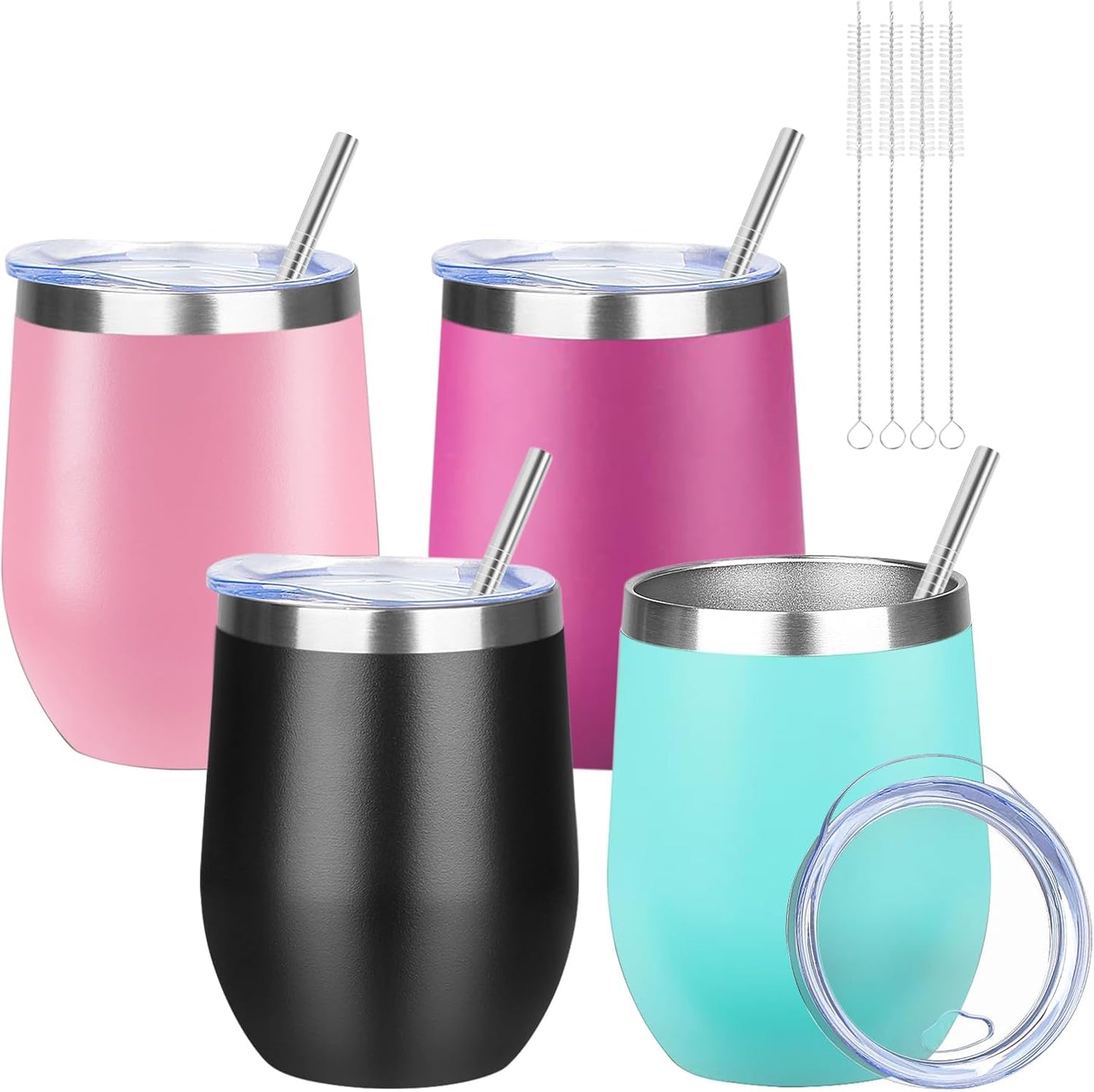 12oz/4 Pack Wine Tumbler Glasses with Lid Stemless Double Wall Vacuum Stainless Steel Travel Tumbler Keeping Cold & Hot for Wine,Coffee,Cocktails,Drinks-Family and Gifts (Multi color-dark)
