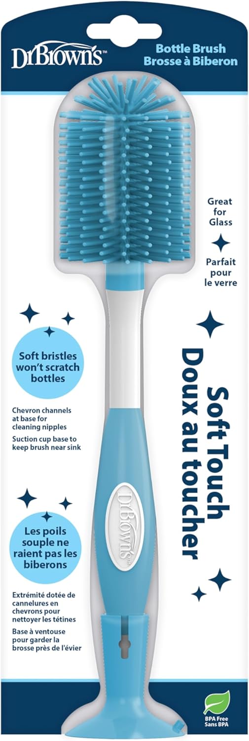 Dr. Brown's Soft Touch No Scratch Baby Bottle Cleaning Brush Nipple Cleaner with Stand and Storage Clip, BPA Free, Blue 1-Pack