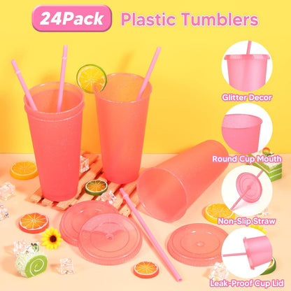 24 Pack Plastic Tumblers with Lids and Straw, Reusable Cups with Lids and Straws Colorful Cups for Cold Drink Iced Coffee, Plastic Tumbler Bulk for Party Birthday Gifts (24 oz, Stylish Colors)