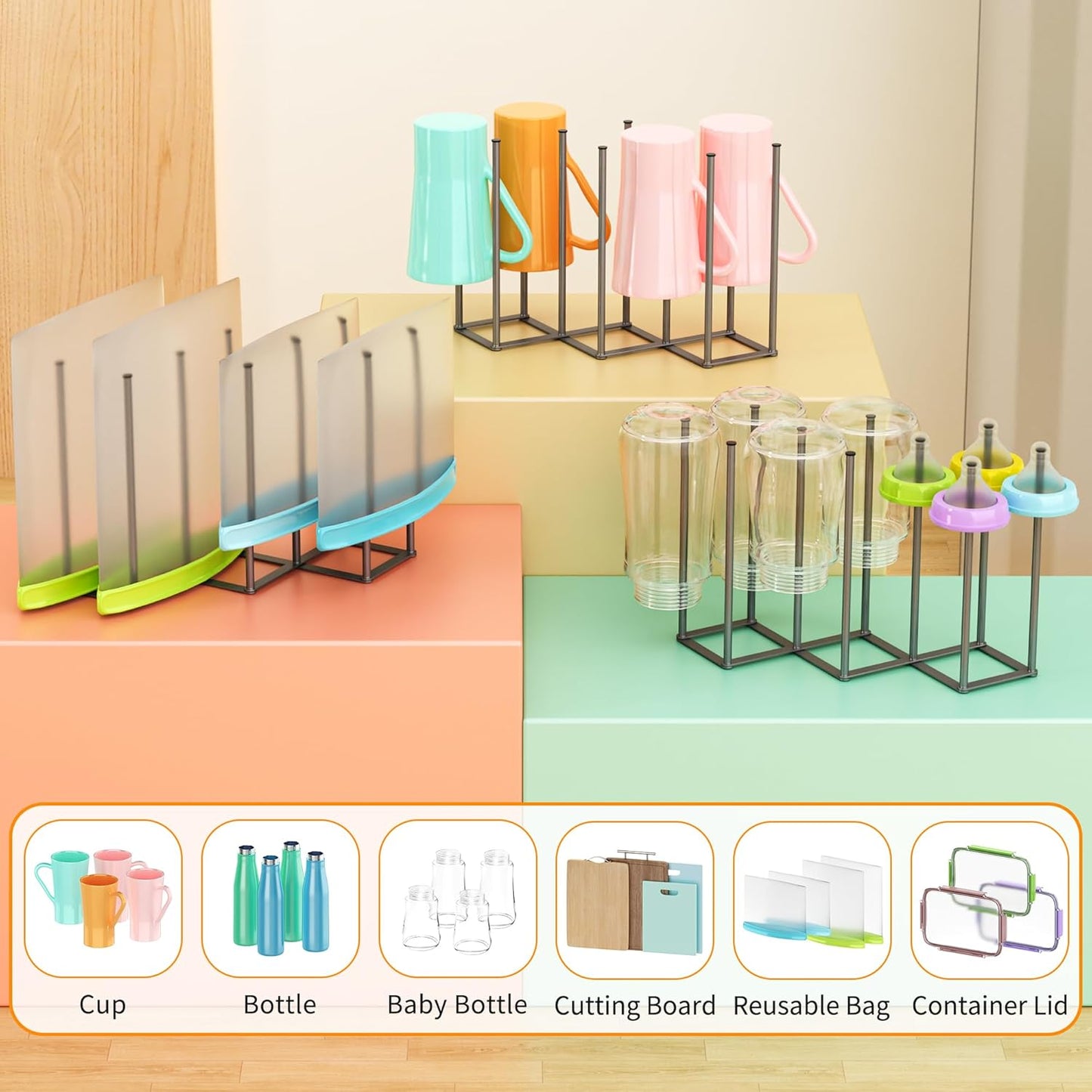 Foldable Baby Bottle Drying Rack-10 Poles Water Bottle Organizer for Cups,Travel Mugs,Silicone Bags- Collapsible Stainless Steel Bottle Rack Dryer (Gray)