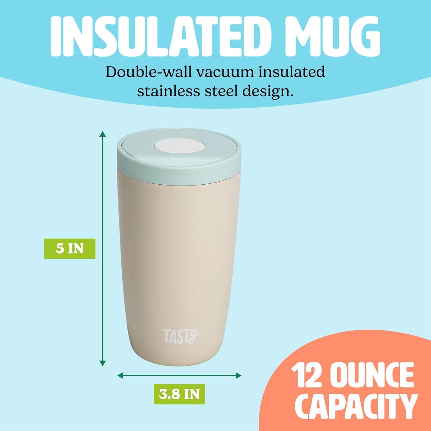 Tasty 12oz Insulated Stainless Steel Push Mug, Leak-Proof Lid with One-Hand Open/Close Button, Travel Coffee Cup, Double Wall Vacuum Flask, Aqua Blue