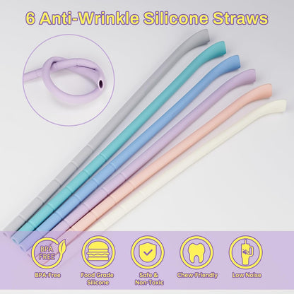 NiHome 6PCS Silicone Anti-Wrinkle Straws Fit for 40oz 30oz Stanley Tumblers w/Brushes, Customizable Length Wrinkle Free Straws for Various Size Cups, No Wrinkle Reusable Straws for Lip (Macaron)