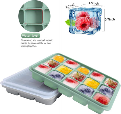Ice Cube Trays Set of 2, Easy Release 15 Flexible Silicone Ice Cube Molds with Removable Lid Reusable Freezer Ice Trays Stackable for Whiskey, Baby Food, BPA Free (BAMBOO GREEN)