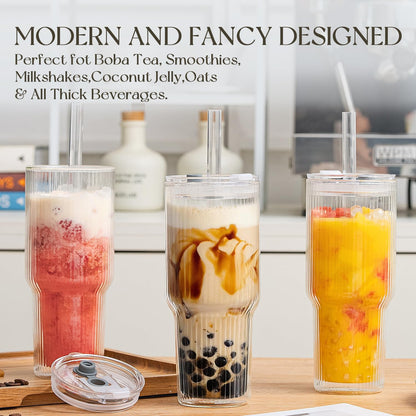 KEMORELA 28 oz Double Wall Glass Tumblers Set of 2, Extra-Wide 13mm Reusable Drinking Straws, Boba Tumbler, Wide-Mouth Water Cups for Iced Coffee, Smoothies, Boba & Tea Lovers (Clear)
