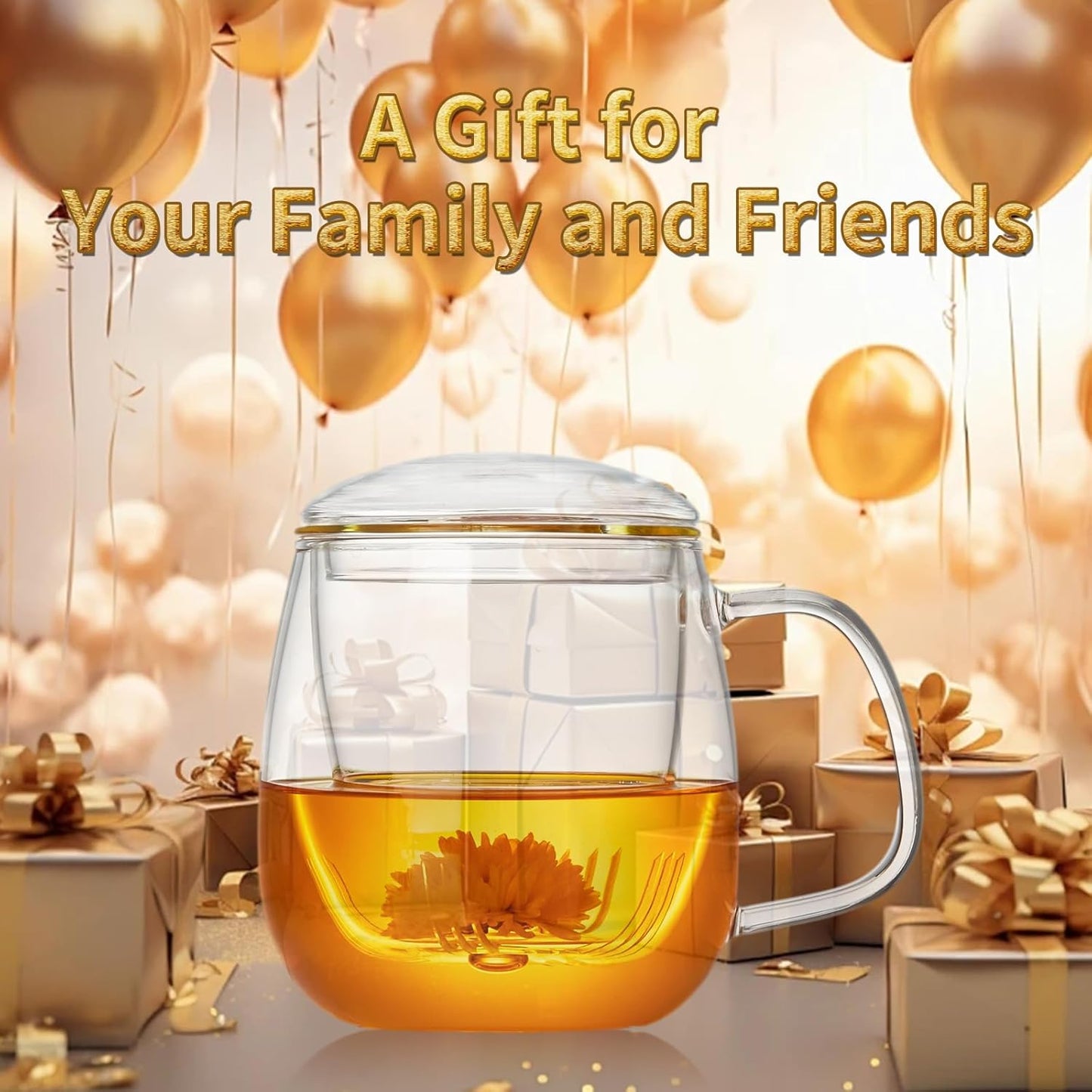 DOPUDO Glass Tea Cup with Infuser and Lid, 17.6oz/520ml Large Borosilicate Teacup,Tea Glass, Clear Mug for Loose Leaf Tea, Blooming Tea, Microwave & Dishwasher Safe - Tea Maker Gift for Birthday.