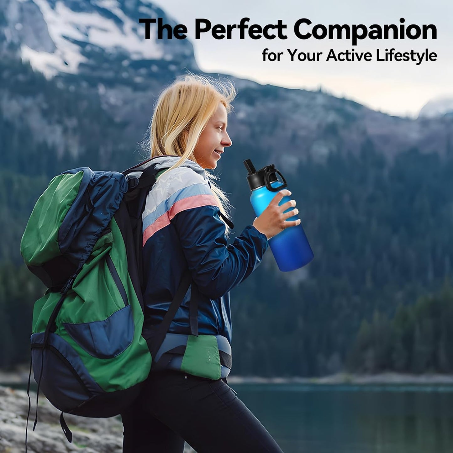Neihepal 32 oz Insulated Water Bottle with 2 Lids (Straw & Spout Lid), 18/8 Stainless Steel Double Wall Water Bottles for Gym, Travel, Camping, Sports (Silver,1 Pack)