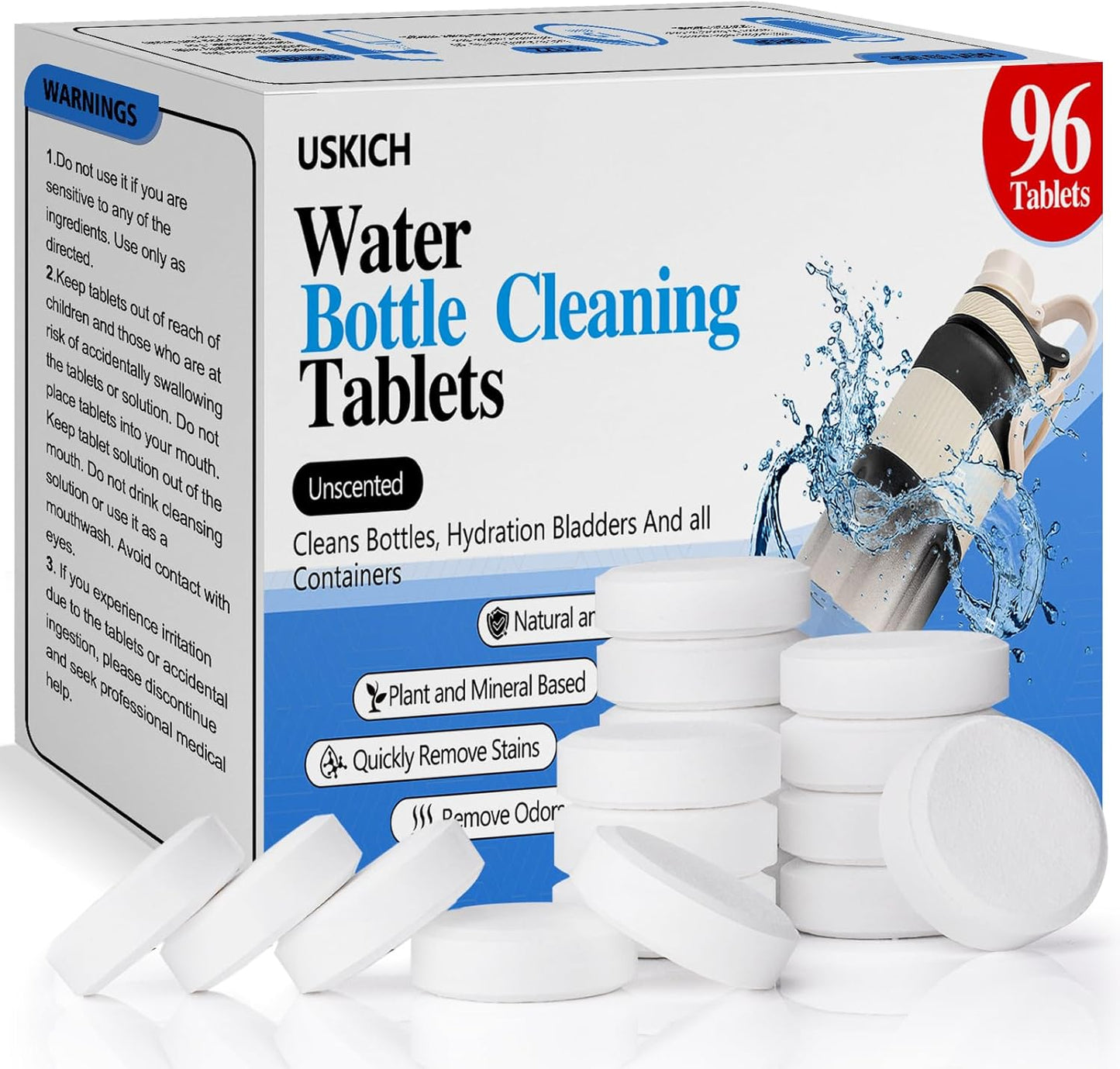 96Pack Water Bottle Cleaning Tablets, Bottle Bright Clean Stainless Steel, Thermos, Tumbler, Insulated and Reusable Water Bottles,Removes Stubborn Stains and Odors