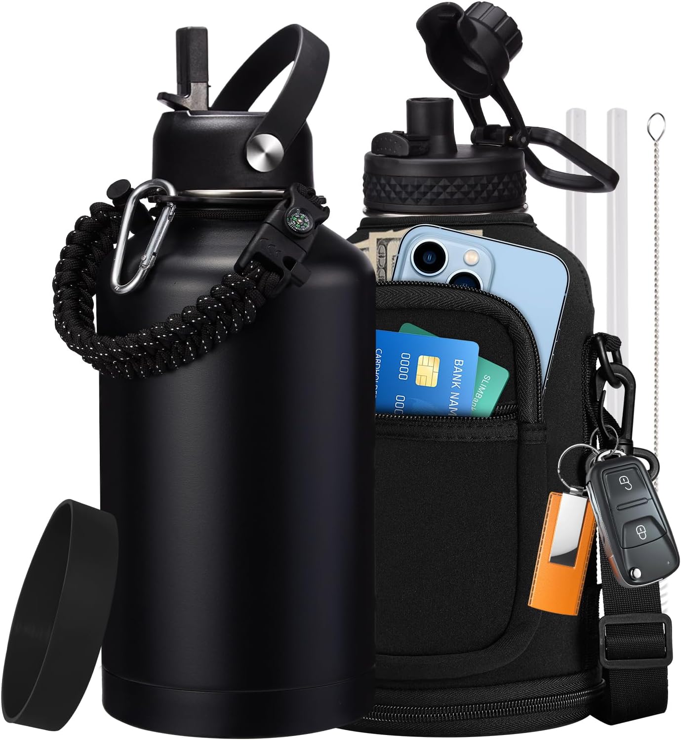 32/40/64OZ Insulated Water Bottle - Keep Cold 48H Hot 24H, Combo Straw/Spout Lids, Paracord Handle for Gym/Hiking, Carrier Bag +Strap, Cup Mat, BPA-Free Stainless Steel Flask Jug