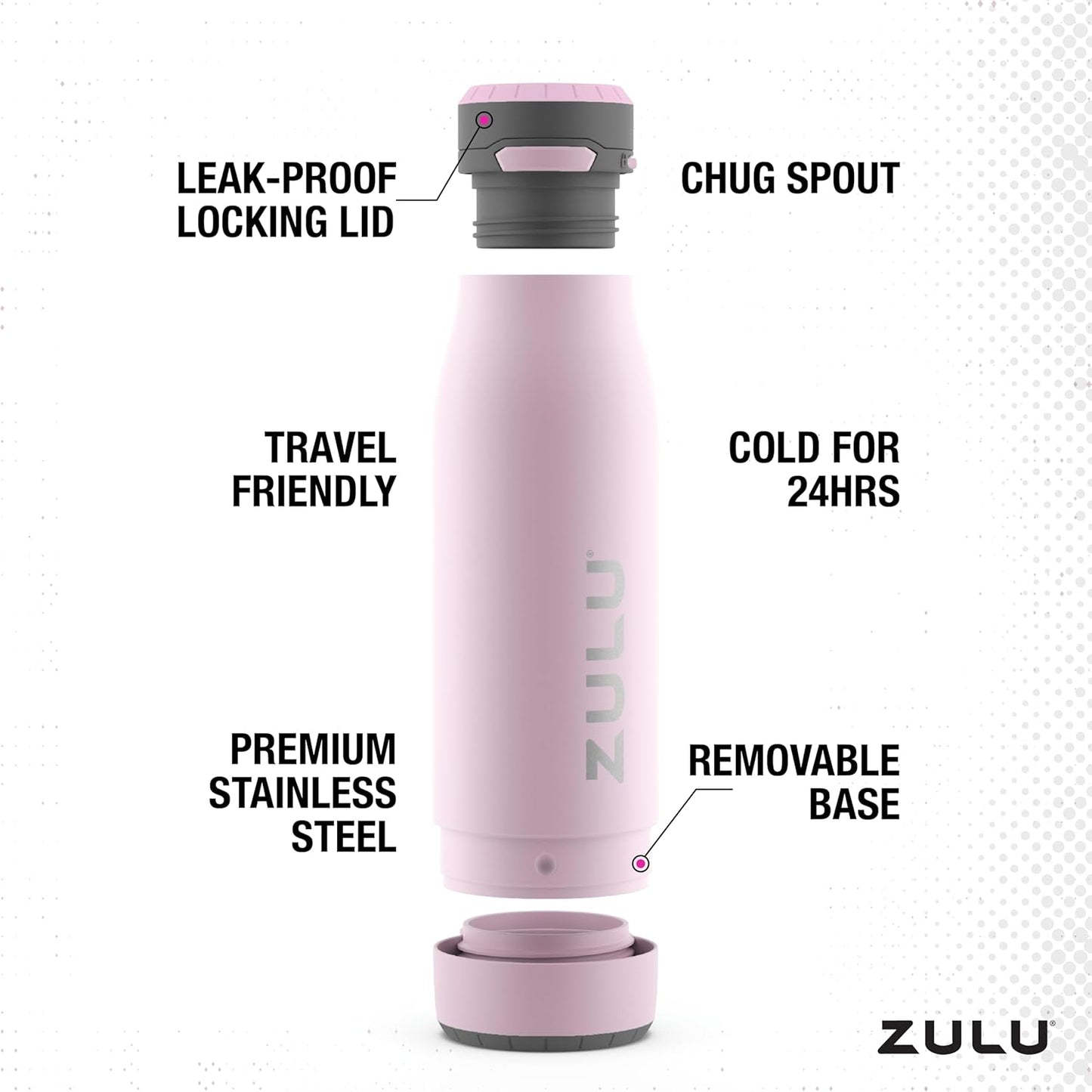 ZULU Ace Vacuum Insulated Stainless Steel Water Bottle with Chug Spout, Leak-Proof Locking Lid and Removable Base for School, Backpack, Sports, Gym, Travel