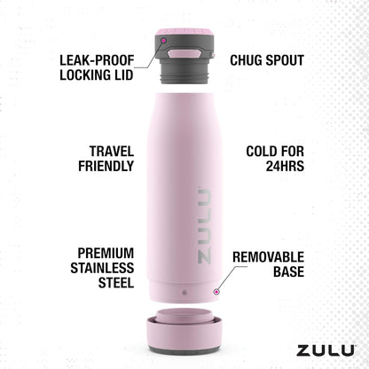 ZULU Ace Vacuum Insulated Stainless Steel Water Bottle with Chug Spout, Leak-Proof Locking Lid and Removable Base for School, Backpack, Sports, Gym, Travel