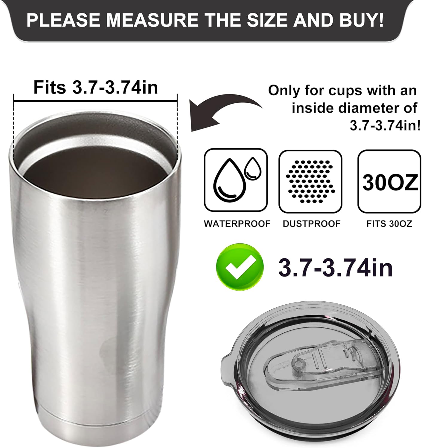 2 Replacement Lids for Stainless Steel Tumbler Travel Cup - Fits OF Inner diameter 3.7 to 3.74 INCH Yeti Rambler and others (Transparent) (30 OZ)