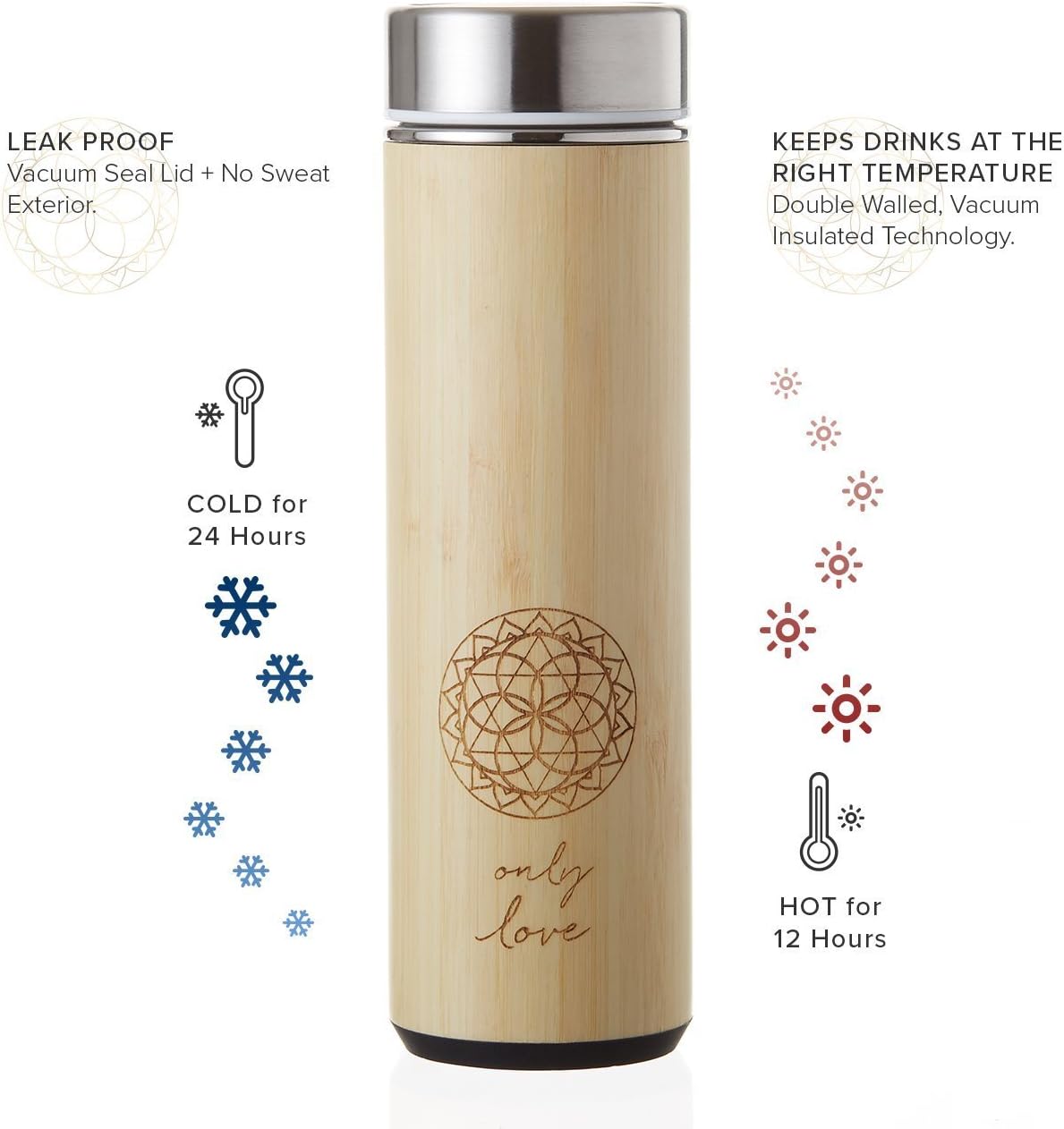 Sacred Lotus Love Insulated Bamboo Tea Travel Tumbler with Infuser, Strainer & Sleeve - For Hot Coffee or Cold, Stainless Steel Coffee Mug, Ideal Tea Gift Set, Keeps Beverages Hotter for Longer
