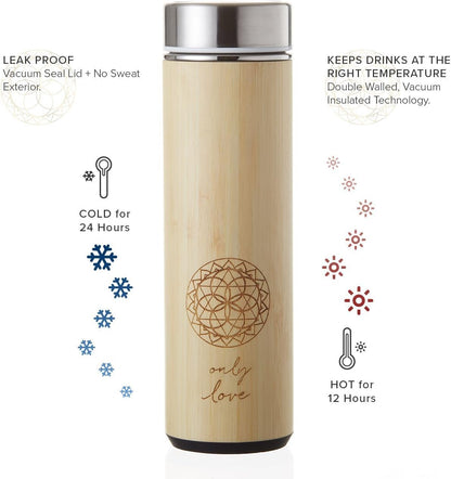 Sacred Lotus Love Insulated Bamboo Tea Travel Tumbler with Infuser, Strainer & Sleeve - For Hot Coffee or Cold, Stainless Steel Coffee Mug, Ideal Tea Gift Set, Keeps Beverages Hotter for Longer