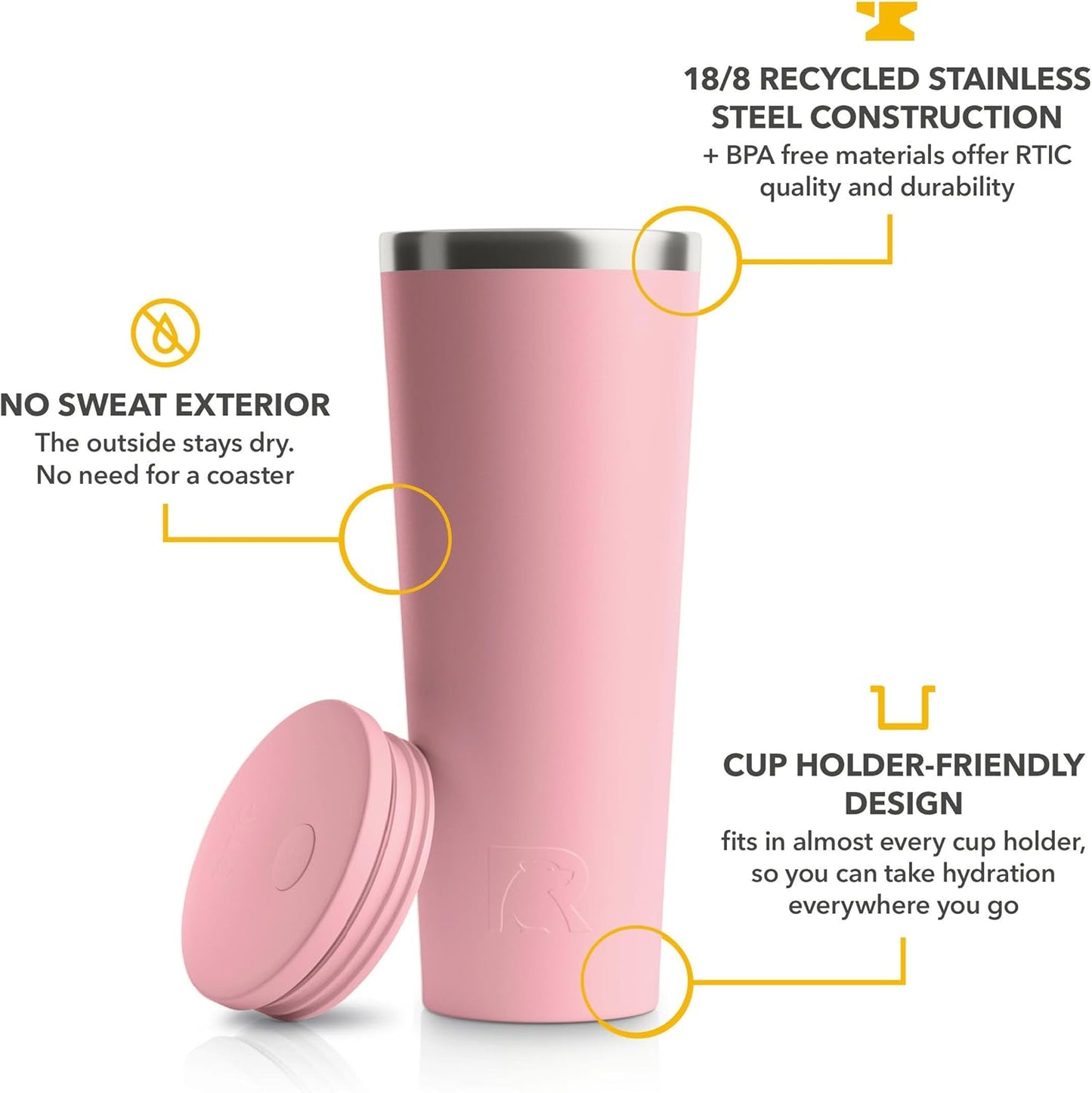 RTIC 20oz Everyday Tumbler Insulated Stainless Steel Portable Travel Coffee Cup with Straw, Ceramic Lining, Spill-Resistant Lid, BPA-Free, Hot and Cold Drink, Beach