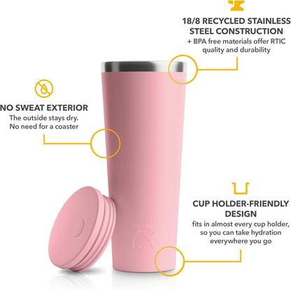 RTIC 20oz Everyday Tumbler Insulated Stainless Steel Portable Travel Coffee Cup with Straw, Ceramic Lining, Spill-Resistant Lid, BPA-Free, Hot and Cold Drink, Beach
