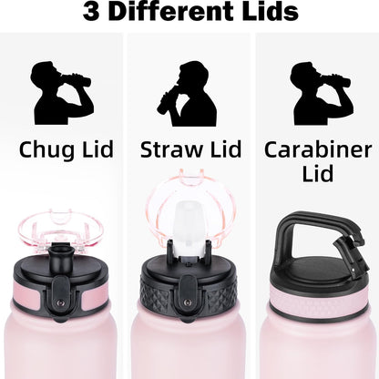 Oldley Insulated Water Bottle 20oz for Adults Kids Stainless Steel Water Bottles with Straw/Chug/Carabiner 3 Lids Fruit Strainer Double Wall Vacuum Wide Mouth BPA Free Leak-Proof for School Travel