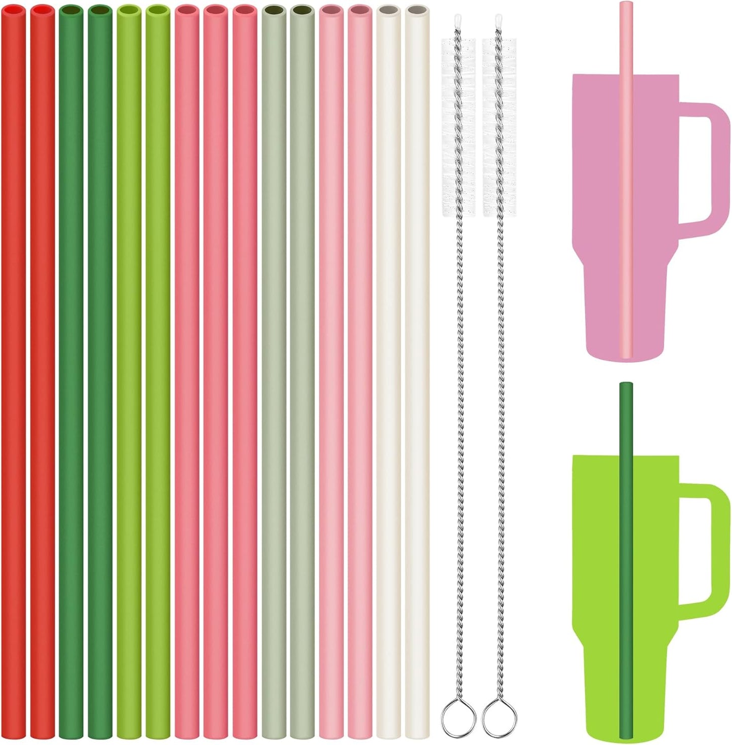 Tomorotec 15PCS Reusable Silicone Drinking Straws w/ 2 Brushes, Fit for Stanley Tumbler 40oz 30oz 20oz, 12" Long Customizable for Various Drinkware, Dishwasher Safe, BPA-Free, Safe for Teeth (Macaron)