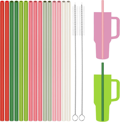 Tomorotec 15PCS Reusable Silicone Drinking Straws w/ 2 Brushes, Fit for Stanley Tumbler 40oz 30oz 20oz, 12" Long Customizable for Various Drinkware, Dishwasher Safe, BPA-Free, Safe for Teeth (Macaron)