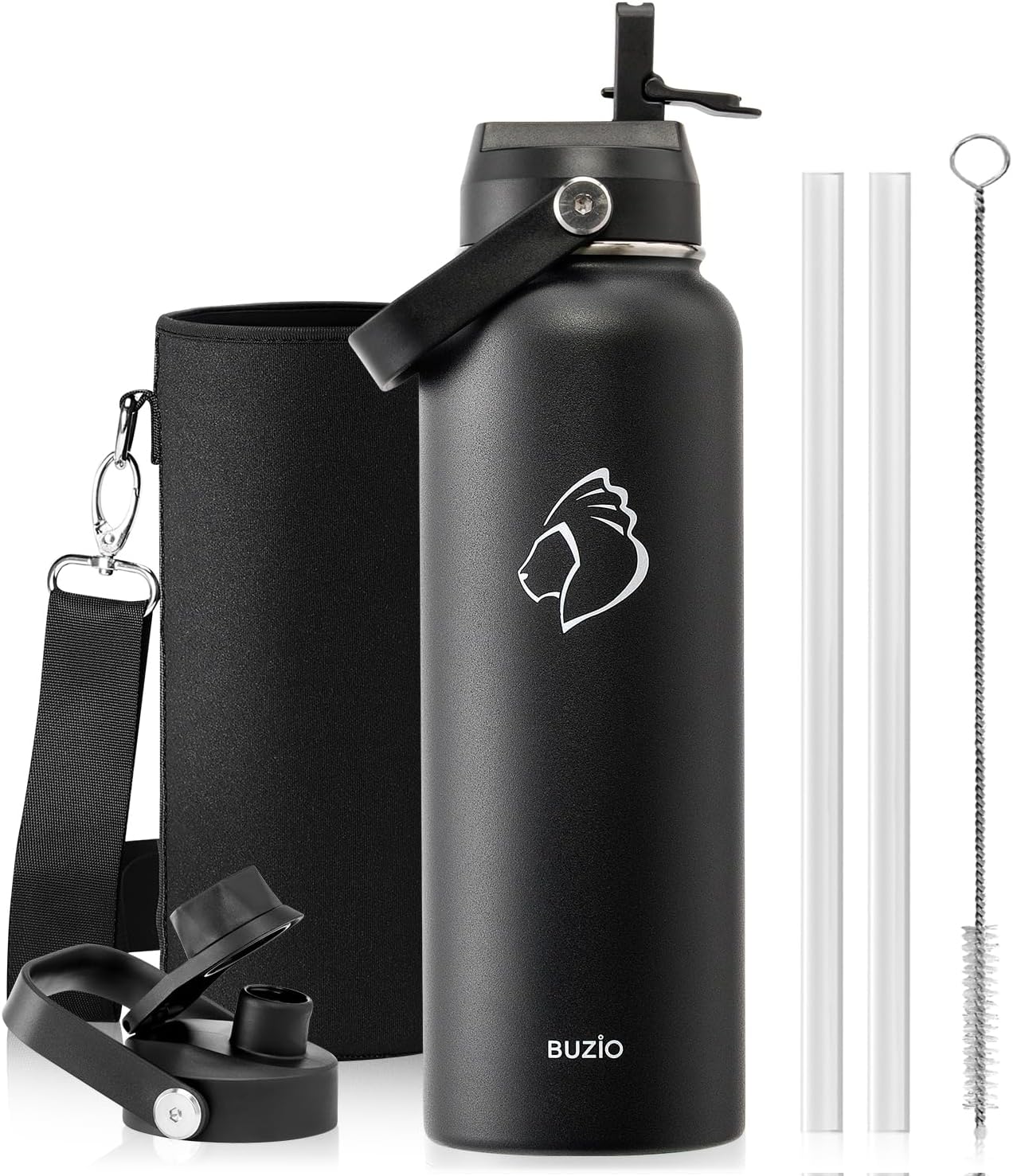 BUZIO 40oz Insulated Water Bottle, Triple Wall Vacuum Stainless Steel Water Flask with 2 lids, Lead-Free BPA-Free Straw Lid Sports Canteen Jug, Cold 48H & Hot 24H- Black - Colors A