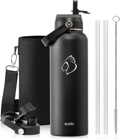 BUZIO 40oz Insulated Water Bottle, Triple Wall Vacuum Stainless Steel Water Flask with 2 lids, Lead-Free BPA-Free Straw Lid Sports Canteen Jug, Cold 48H & Hot 24H- Black - Colors A