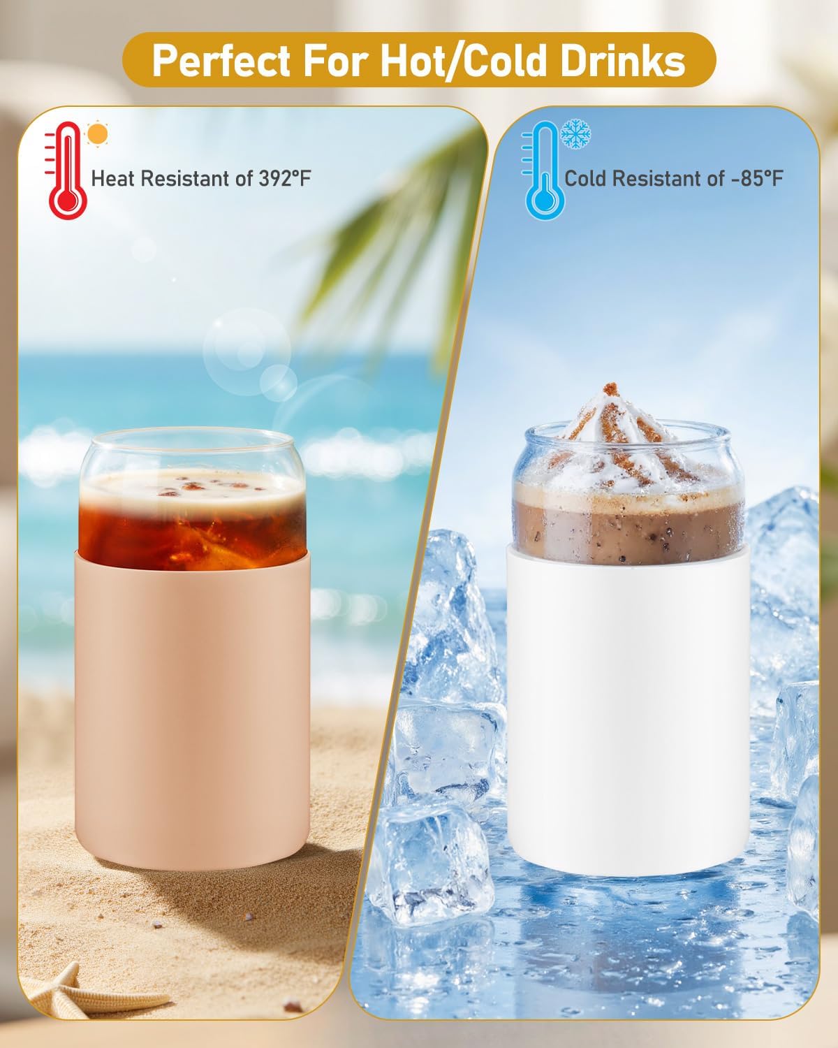sungwoo 4PCS Glass Cups with Bamboo Lids and Straws, 16OZ Ice Coffee Cup, Drinking Cup set with Wooden Lids, Home Essential Glass Tumblers for Beer, Cocktail, Tea and Latte Clear
