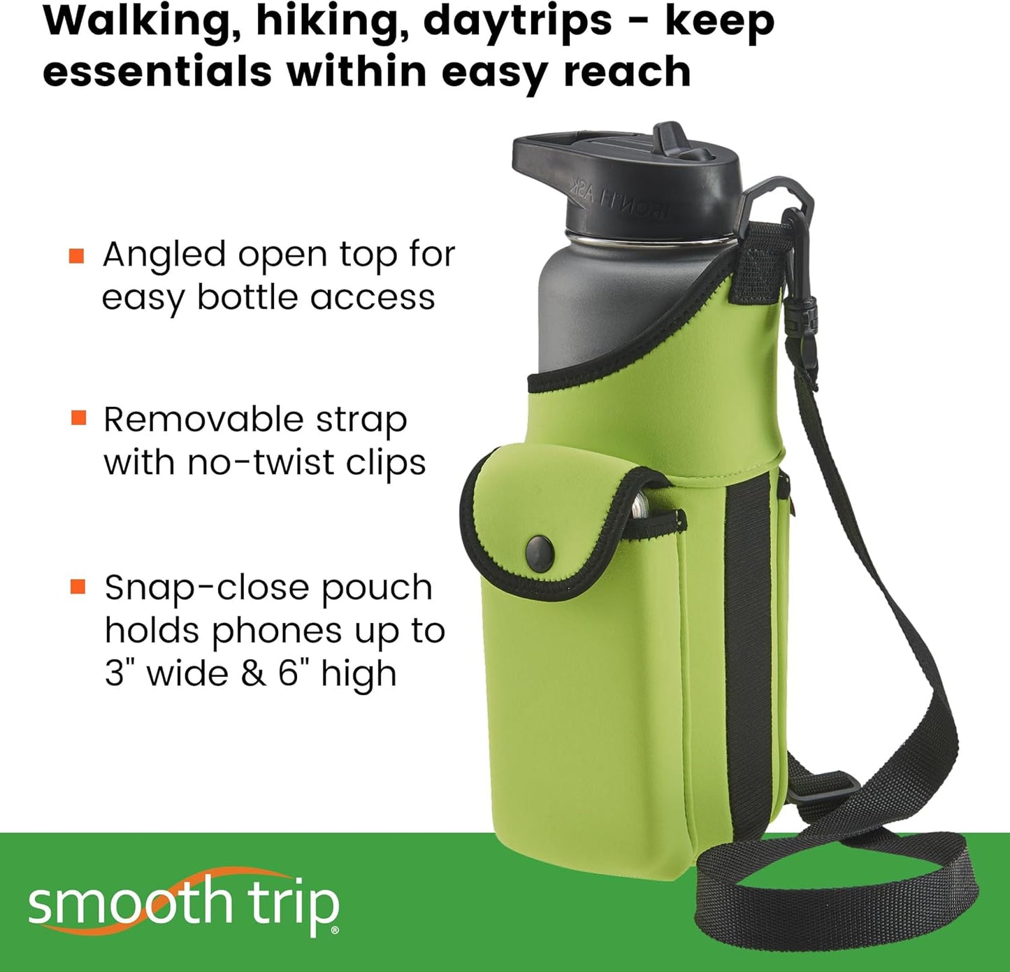 Smooth Trip AquaPockets Neoprene Water Bottle Holder with Strap - Neoprene Sling Bag with Water Bottle Holder, Phone Pouch and Adjustable Strap for Walking and Hiking - Fits up to 32 oz. Bottles