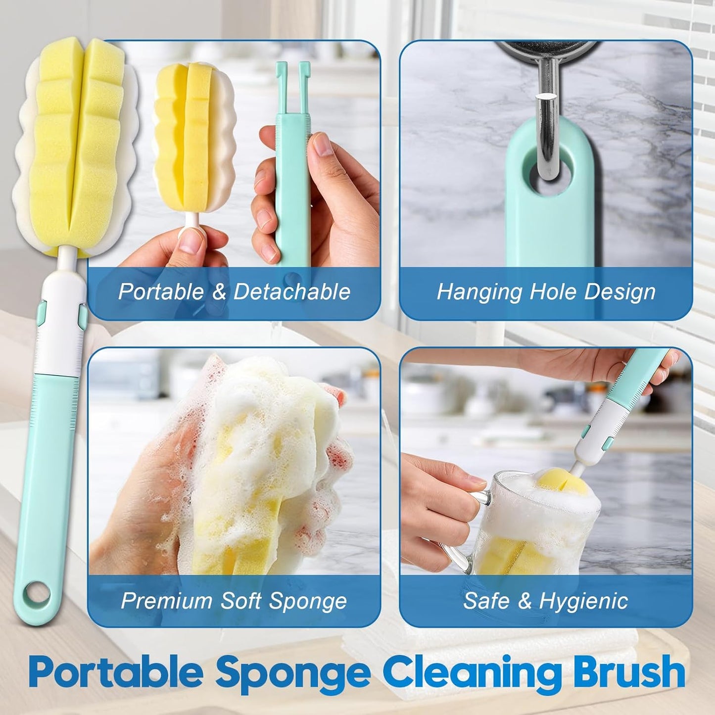 14Pcs Bottle Brush Cleaner Set, Long Handle Bottle Brushes, Sponge Brushes, 3-in-1 Water Bottle Cleaner Brushes and Straw Brushes for Water Bottles, Cups and Straws Cleaning