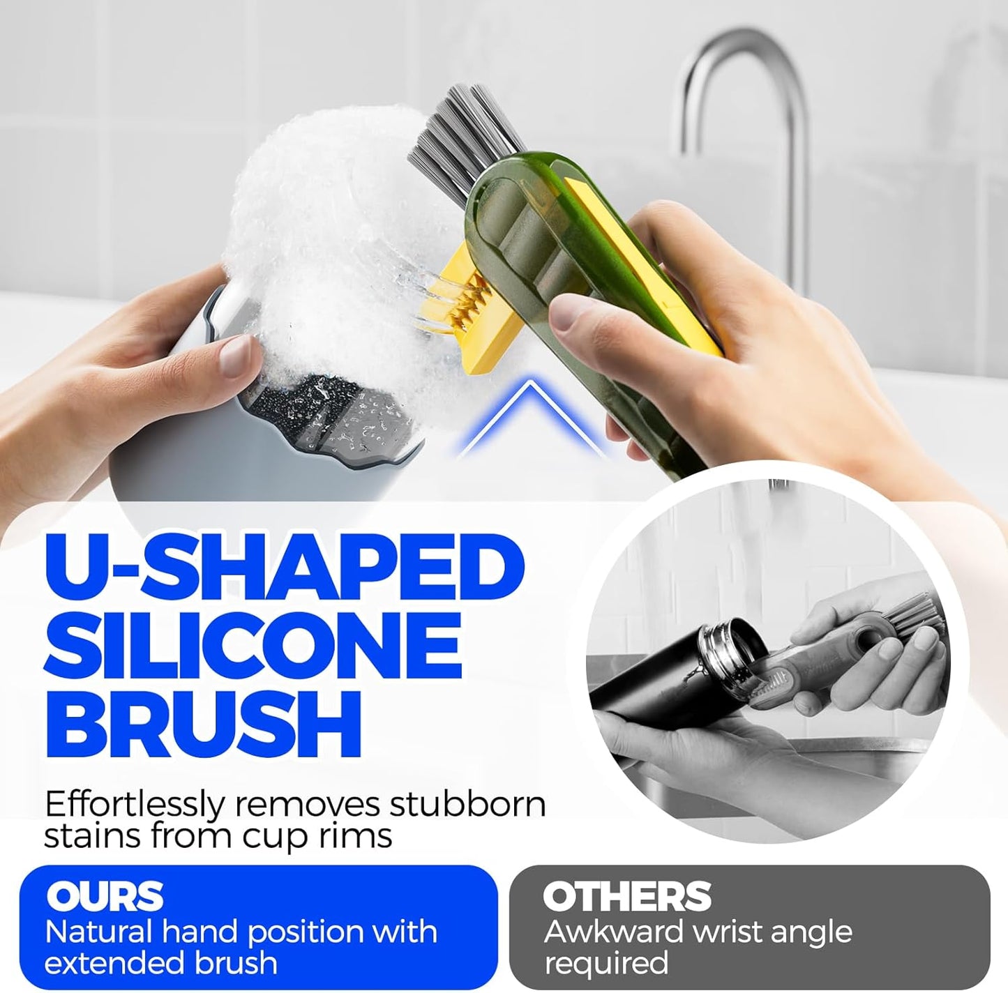 6 PACK Holikme 4 in 1 Cup Lid Cleaning Brush Set with 3 Straws, Multifunctional Bottle Brush, Silicone Cup Lid Gap Cleaner, Durable Bristle Crevice Cleaning Brush,Flat End Brushes,Navy & Black & Olive