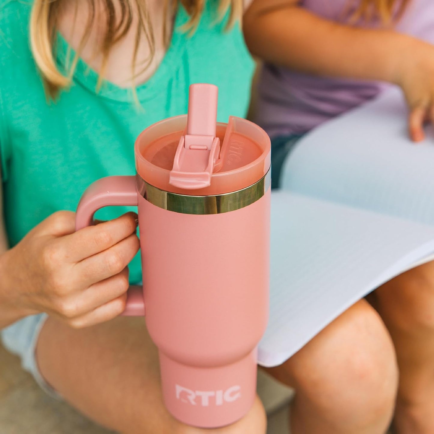 RTIC Little Road Trip Tumbler 16oz for Kids with Straw Lid and Handle, Ceramic Lined, Insulated Stainless Steel Travel Water Mug Cup, Leak-Proof, RTIC Ice Glitter