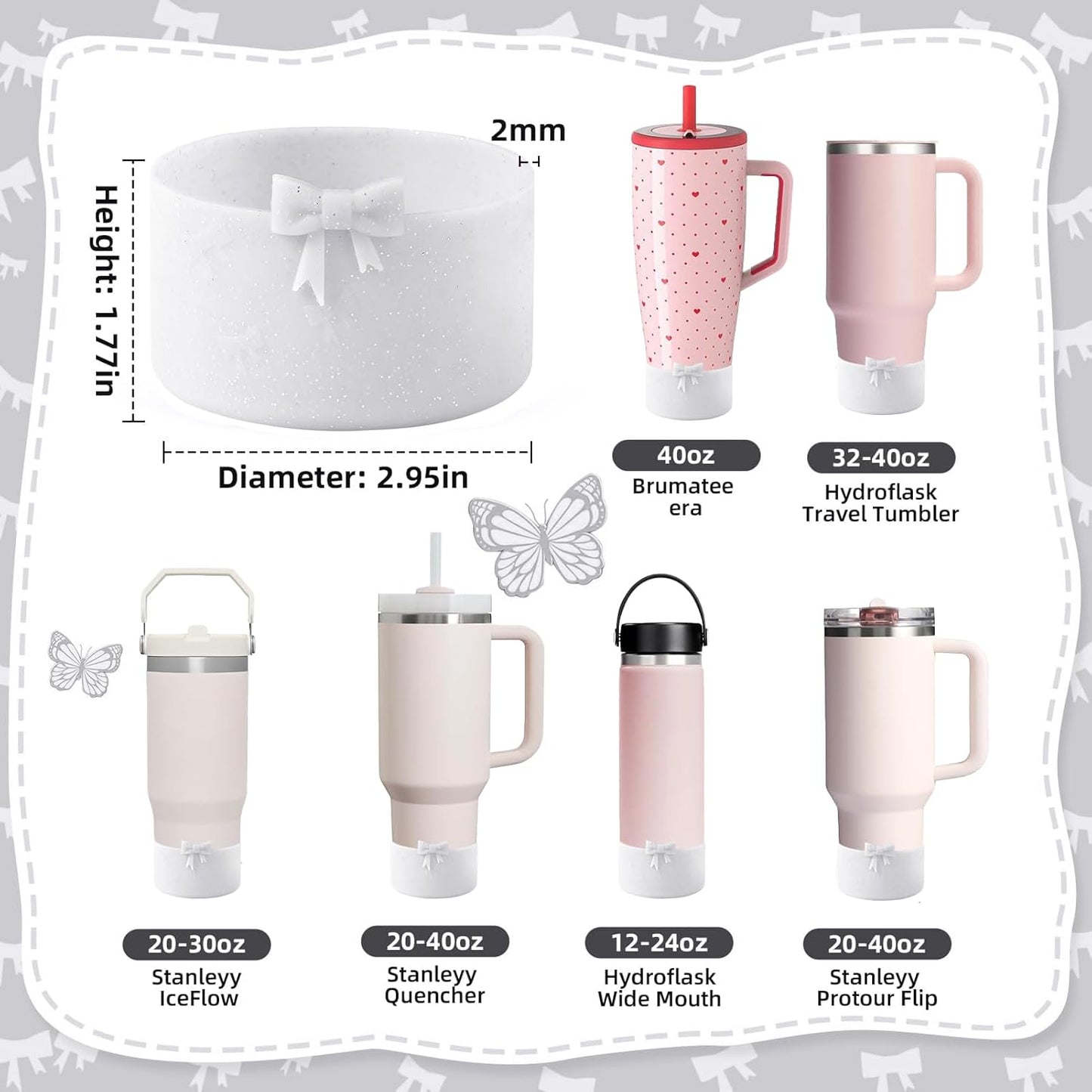 2PCS Bow Silicone Boot for Stanley Quencher Tumbler 30oz 40oz & IceFlow 20oz 30oz& Hydro Flask Water Bottle 12-24 oz Protective Bottom Sleeve Cover for Stanley Cup Accessories& Owala 24oz