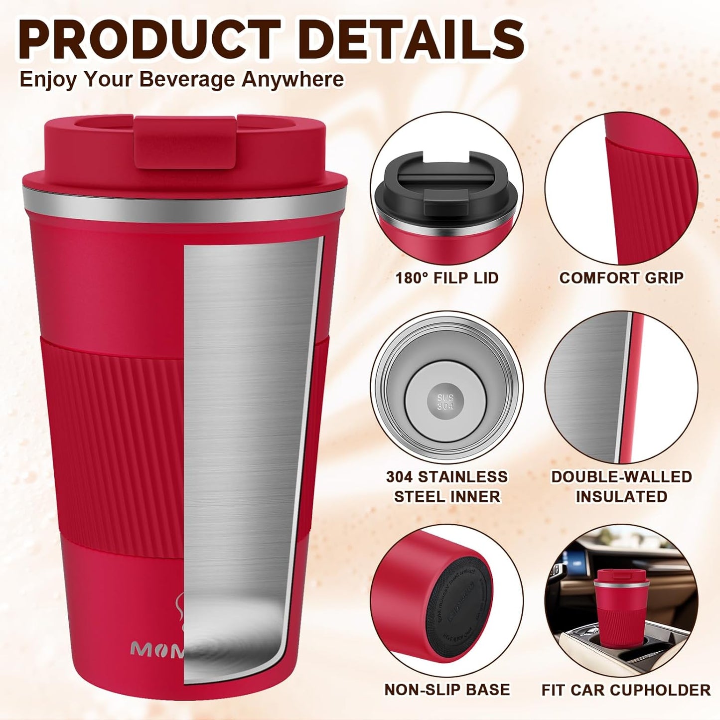 MOMSIV 12oz Travel Mug, Insulated Coffee Cup with Leakproof Lid, Travel Coffee Mug Vacuum Stainless Steel Double Walled Reusable Coffee Cup for Hot and Cold Water Coffee
