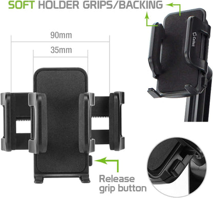 Cellet Cup Holder Tray for Car with Phone Mount – Expandable Base, 360° Rotation Food & Drink Tray with Non-Slip Surface, Adjustable Arm for Eating in Vehicle – Fits Most Standard Car Cup Holders