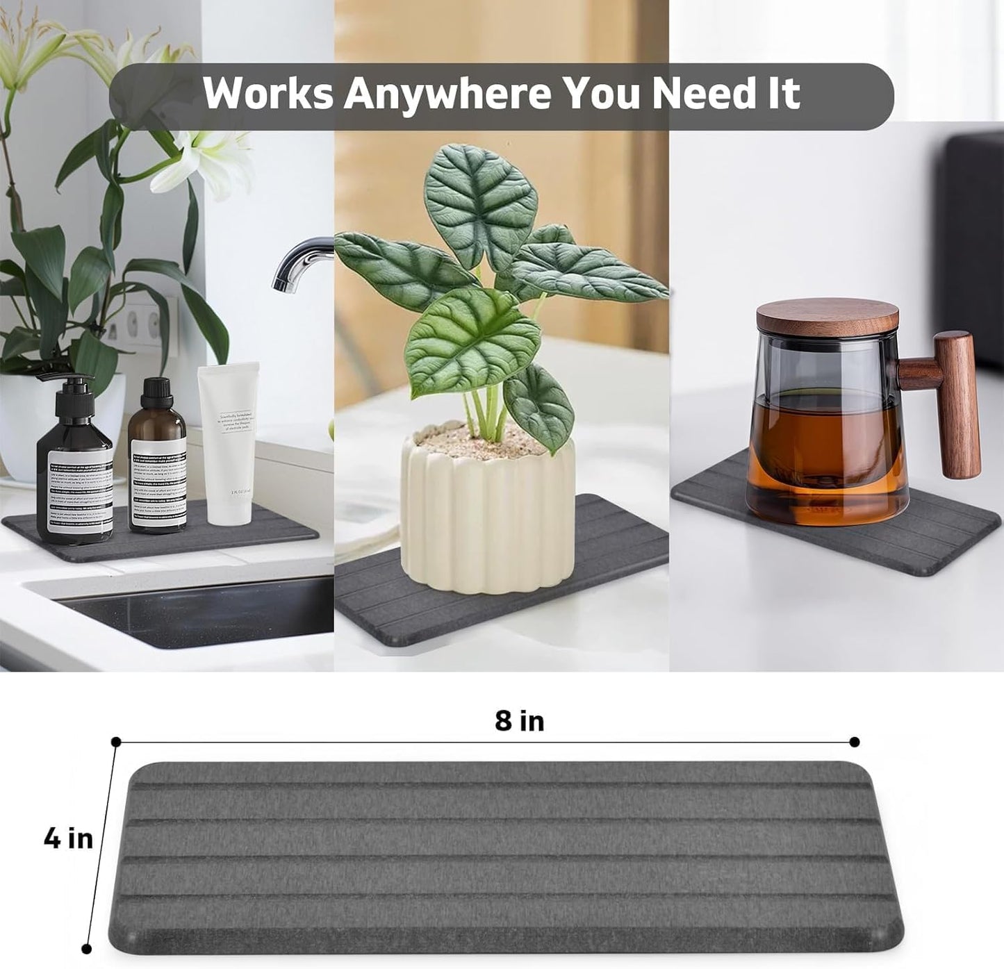 Large Stone Dish Drying Mat for Kitchen Counter – 24"(L)×16 "(W) Foldable Super Absorbent Diatomaceous Earth Dish Drying Mat, Kitchen Counter Mats for Plate Rack, Cups, Match Any Countertop - Gray
