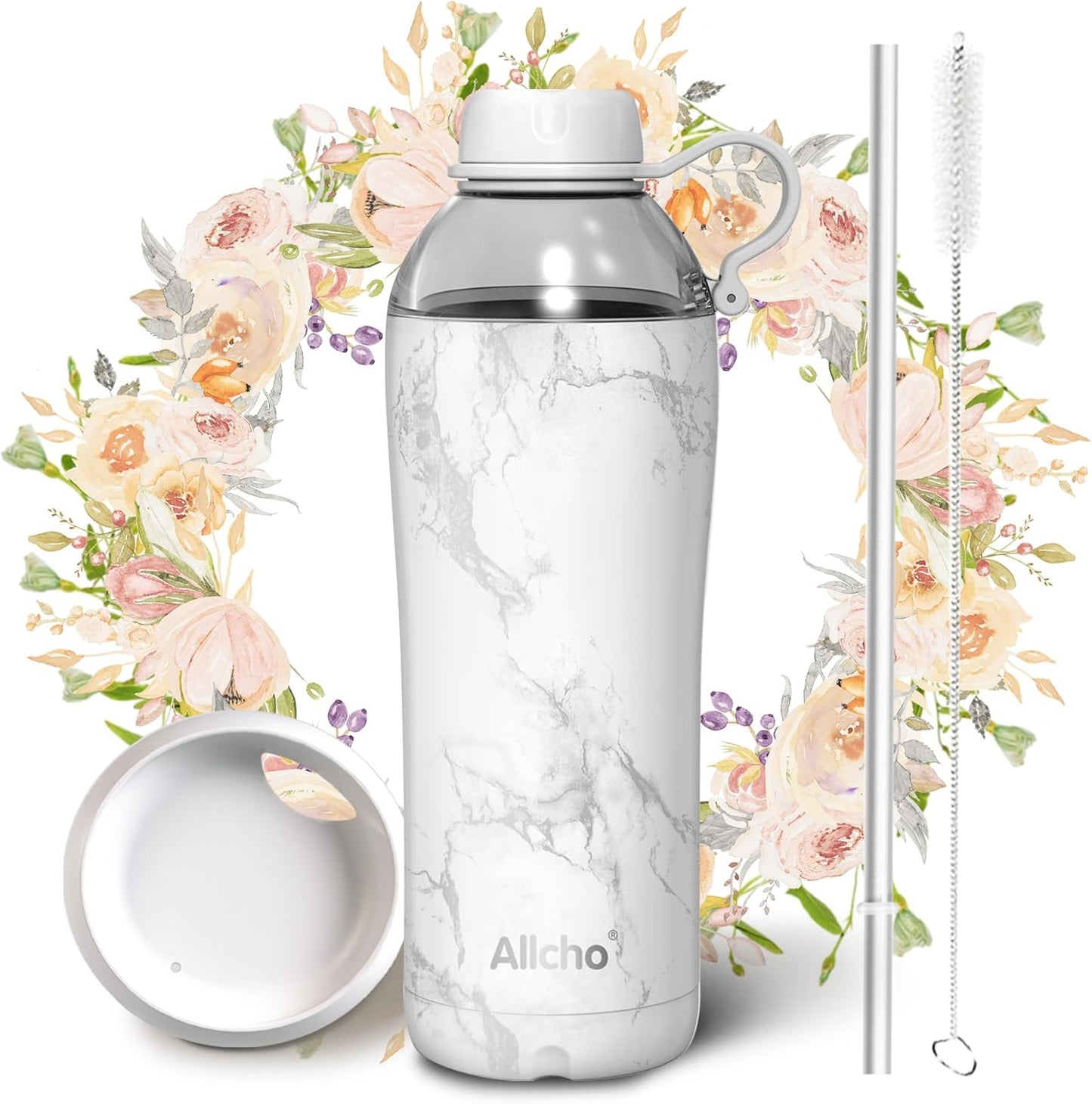 Allcho Insulated Water Bottle for Women, 18oz Stainless Steel Leak Proof Tumbler with 2 Lids, BPA-Free Tritan Chug & Straw Lid, Double Wall Vacuum Flask