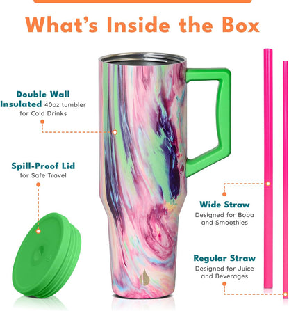 Elemental 32 oz 100% Leak Proof Tumbler with Handle & Straw - Stainless Steel Double Wall Insulated Tumbler for Hot and Cold Beverages - Travel Coffee Mug with Sip & Straw Lid - White - Colors B