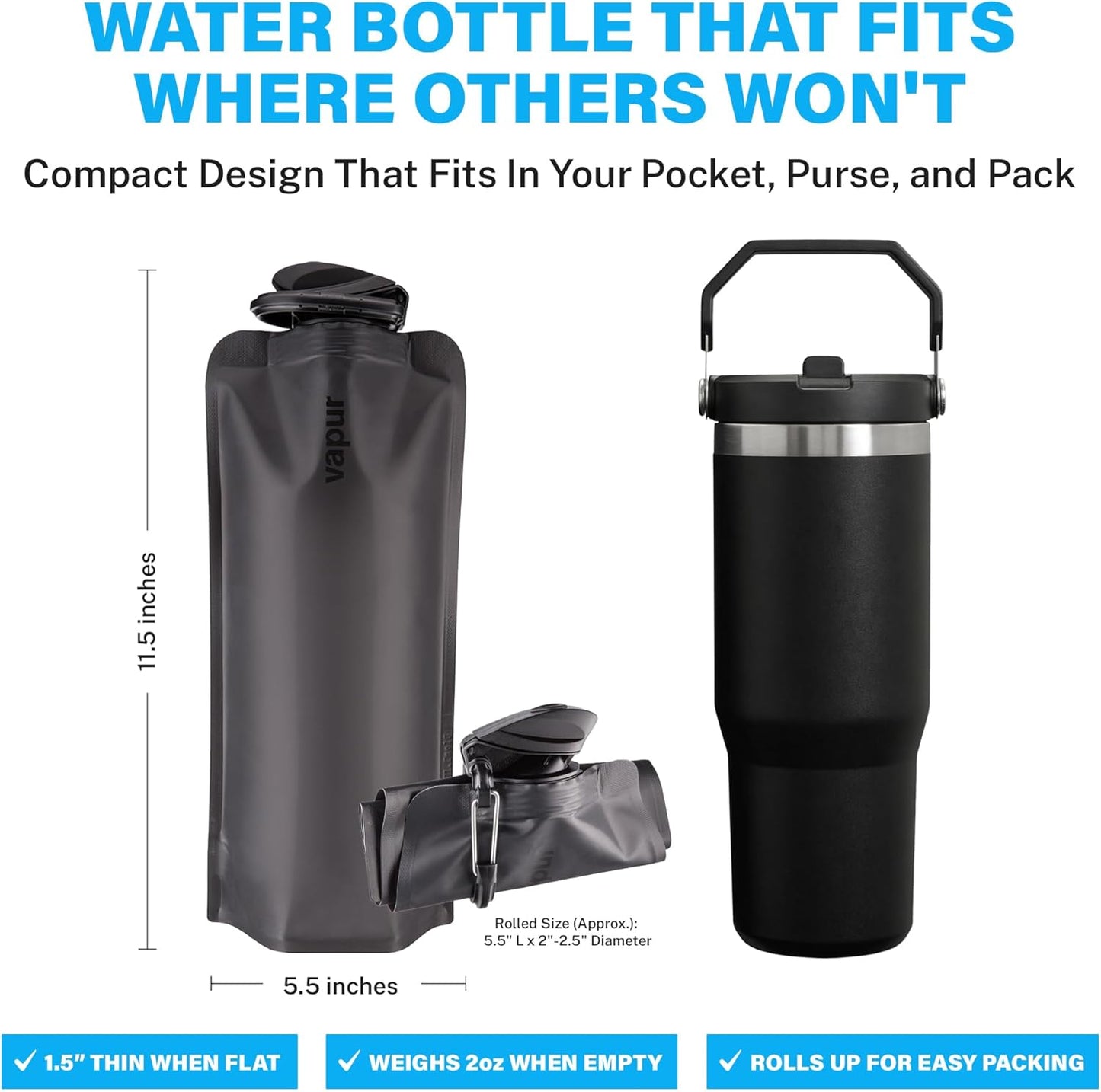 Vapur Collapsible Water Bottle with Carabiner - 34oz (1L), Night Blue - Flexible and Lightweight Water Bottle for Travel, Concert, Hiking, and Outdoor Adventures - BPA-Free, Dishwasher-Safe, Freezable