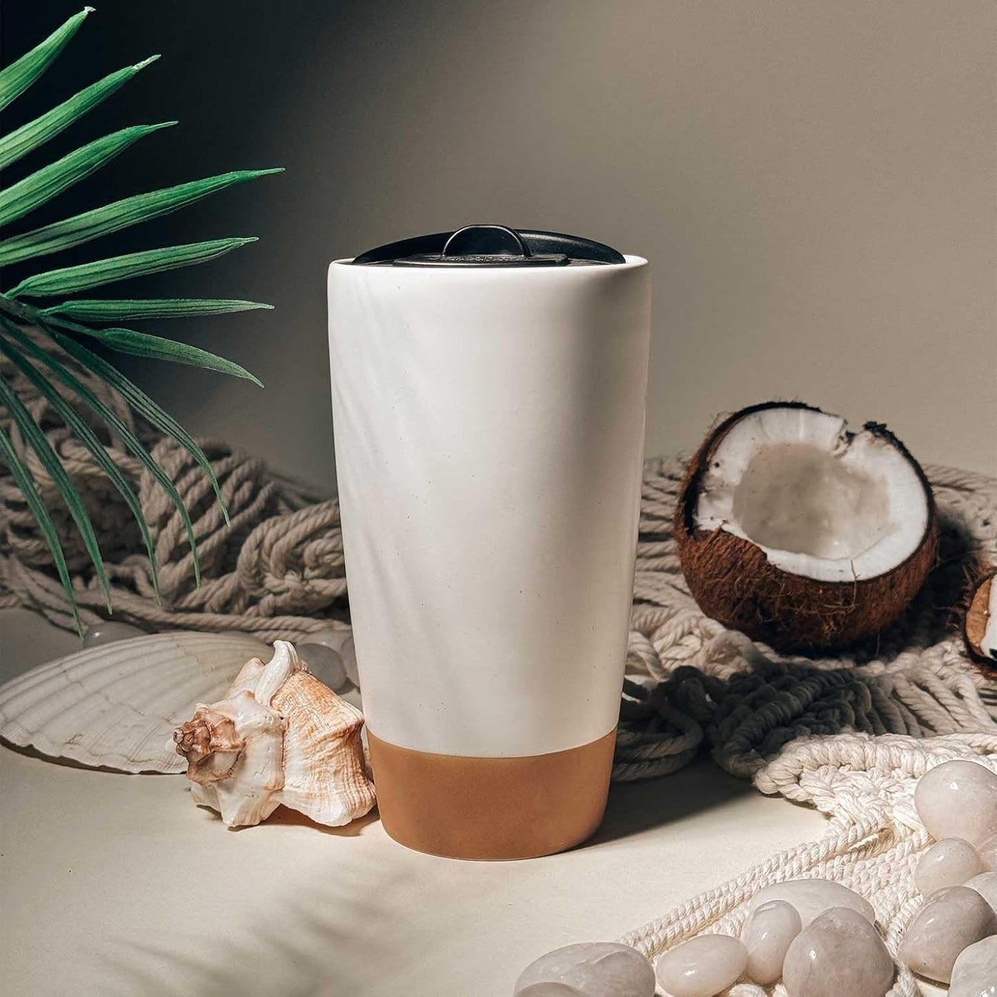 Mora Double Wall Ceramic Coffee Travel Mug with Lid, 14 oz, Portable, Microwave, Dishwasher Safe, Insulated Reusable Tall Cup, Splash Resistant Lid - To Go Tumbler for Car Cup Holder, Nightwaves