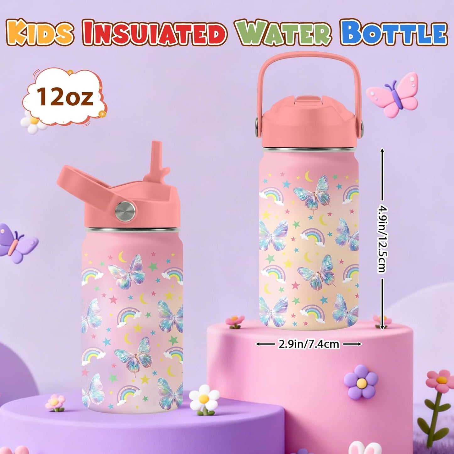 Strawberry Gifts for Kids - 16oz Pink Kids Water Bottle with Straw Lid, Stainless Steel Insulated Water Bottle, Leakproof, BPA-Free, for Girls, School, Strawberry Lover Children Birthday Gift Cup(1pc)