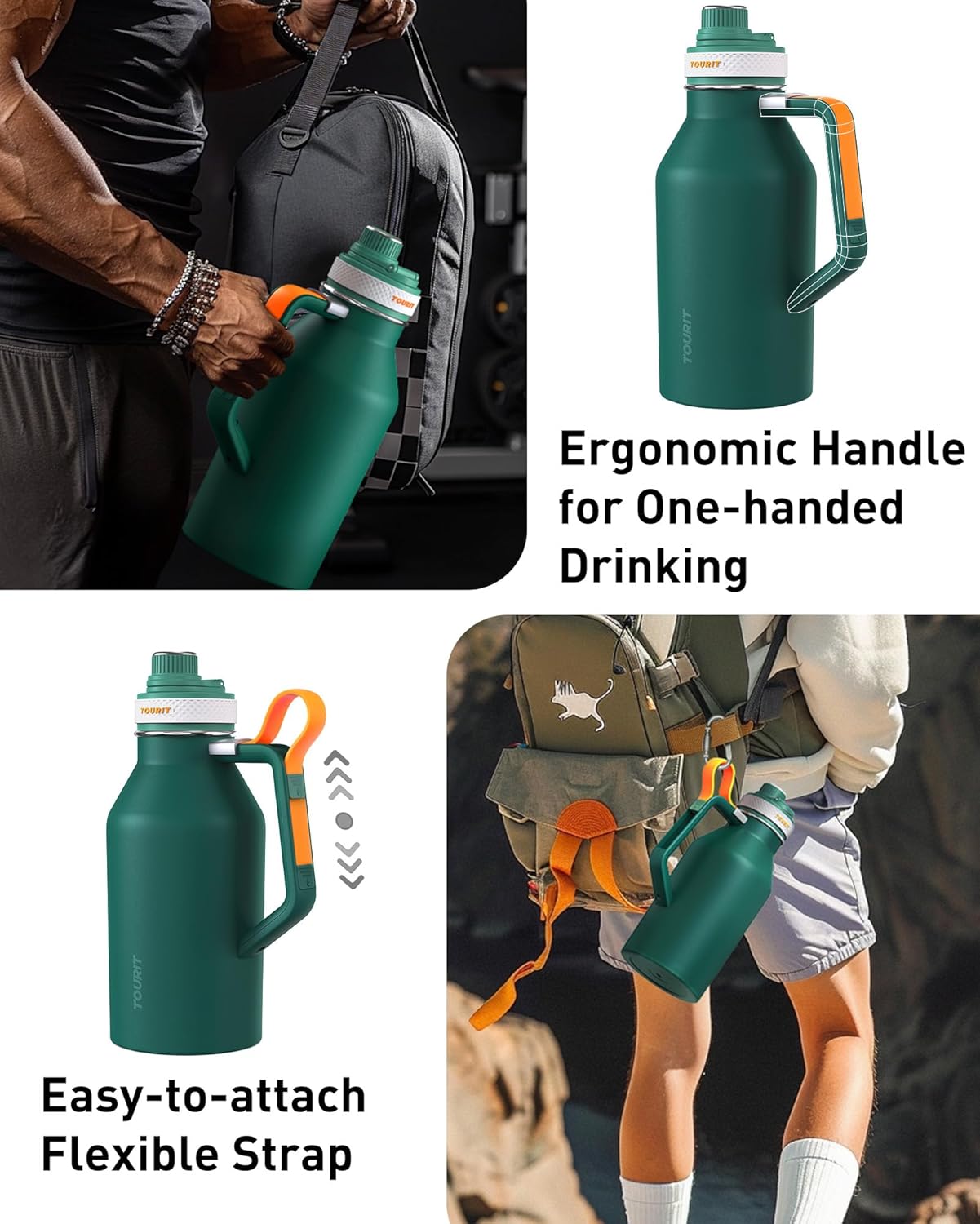 TOURIT 32oz Stainless Steel Wide Mouth Water Bottle, Double-Wall Vacuum Insulation with Spout Lid for Sports and Travel, Black