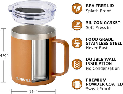 SUNWILL Travel Coffee Mug with Lid, Insulated Tumbler with Handle, 14 oz Stainless Steel Cup for Ice, Water, Tea, Rose Gold