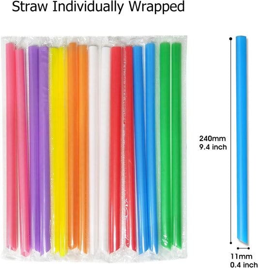 100 Pcs Jumbo Smoothie Straws Boba Straws,Individually Wrapped Multi Colors Disposable Plastic Large Wide-mouthed Milkshake Bubble Tea Drinking Straw(0.43" Diameter and 9.45" long)